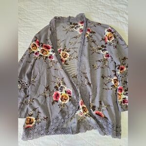 Floral Lace Crochet Trim Kimono Gray Cardigan — Fits Small to 3XL / One Size